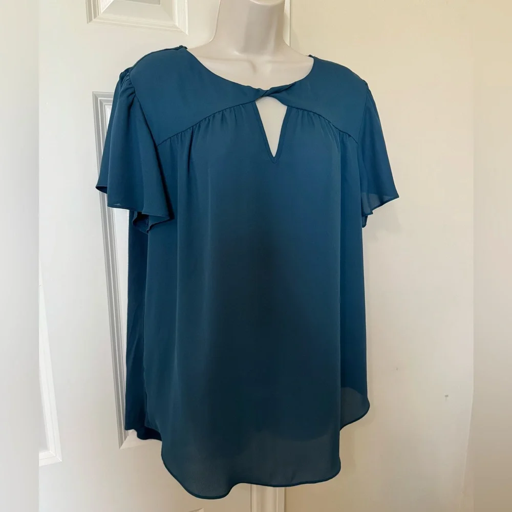 FORTUNE + IVY Adeline Key Hole Mixed Material Blouse blue women’s XL stitch fix - Picture 8 of 12